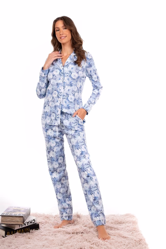 Mara-M Βαμβακερή Κουμπωτή Πιτζάμα Σιελ Φλοράλ 4427-24