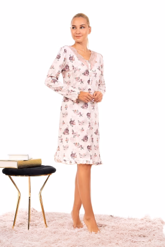 Mara-M Βαμβακερό Νυχτικό με Δαντέλα Φλοράλ Εκρού 4461-20