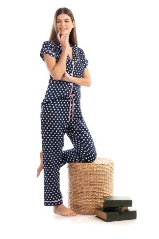 Πυτζάμα Πουά Κουμπωτή με Κοντά Μανίκια και Σατέν λεπτομέρειες 5506-18