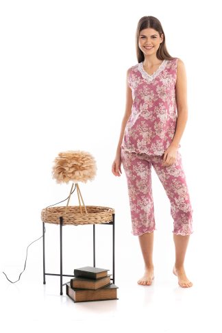 Πυτζάμα Βαμβακερή Φλοράλ Αμάνικη με V και Δαντέλα 5518-17
